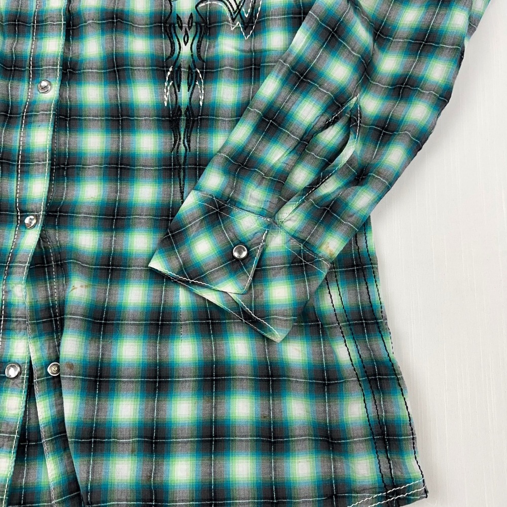 Rock 47 by Wrangler Womens Green Plaid Embroidered Rhinestone Snap Shirt Large - Picture 2 of 9